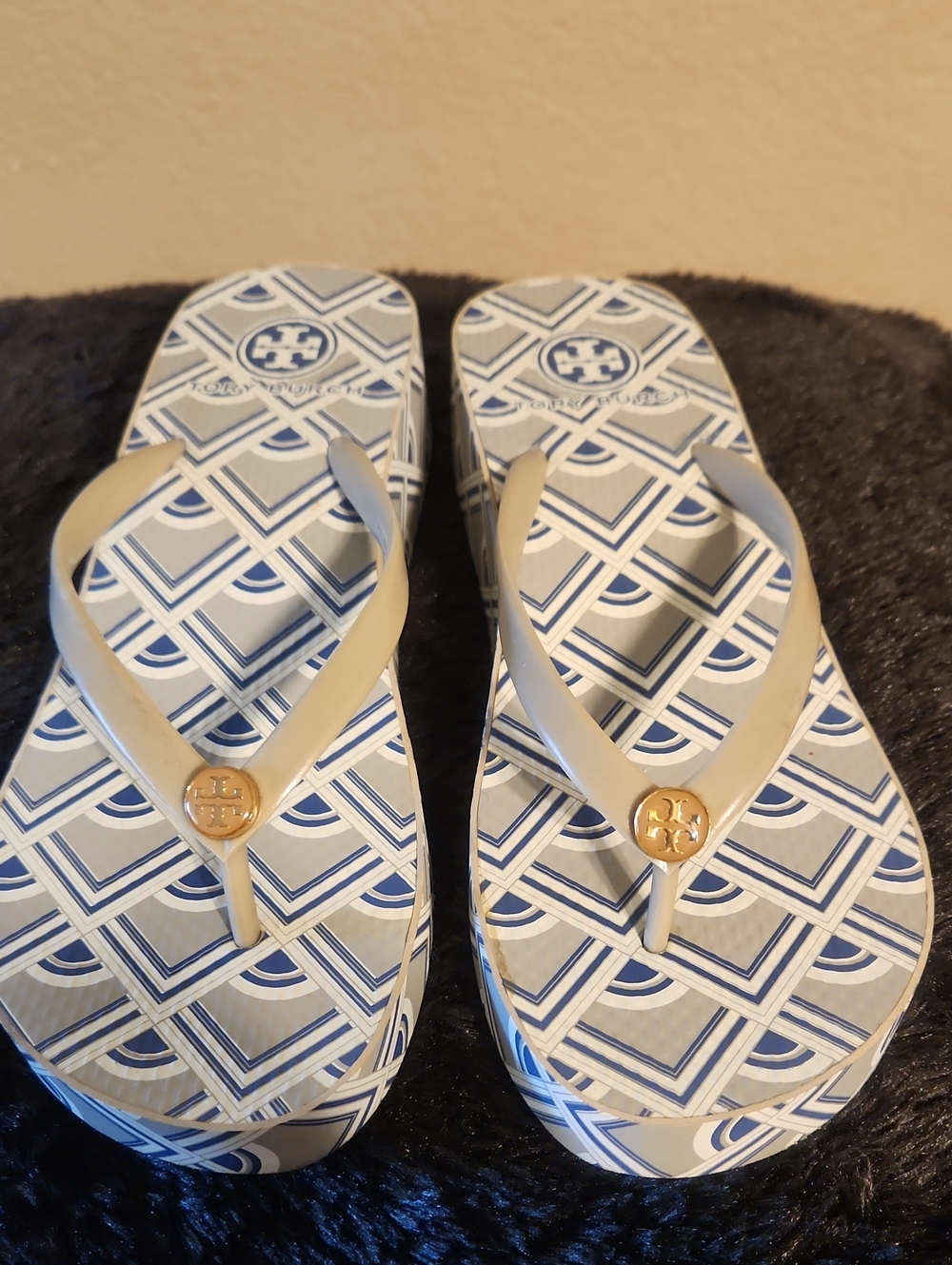 Tory Burch Beige Strap Flip Flops with Navy & White Geometric Footbed